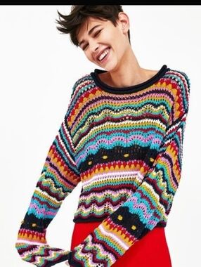 Zara Multicolor Crochet Knit Sweater S Boho